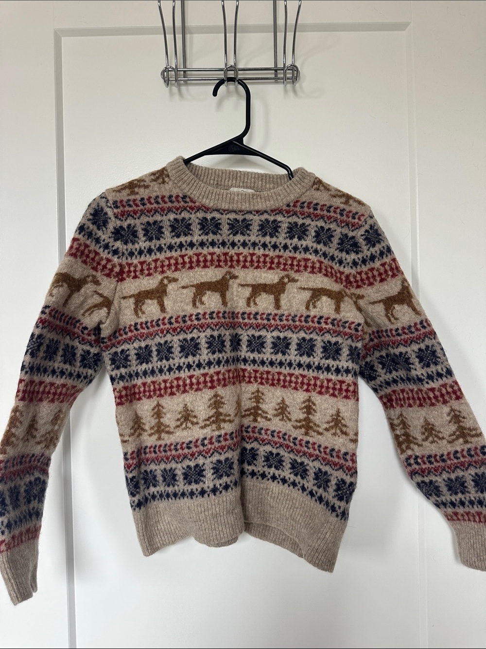J. Crew Beige Fair Isle Crewneck Sweater with Red and Navy Accents